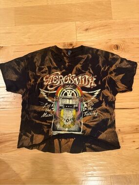 Aerosmith Bleach Tie Dye Cropped Graphic Band Tee Black Vintage Style